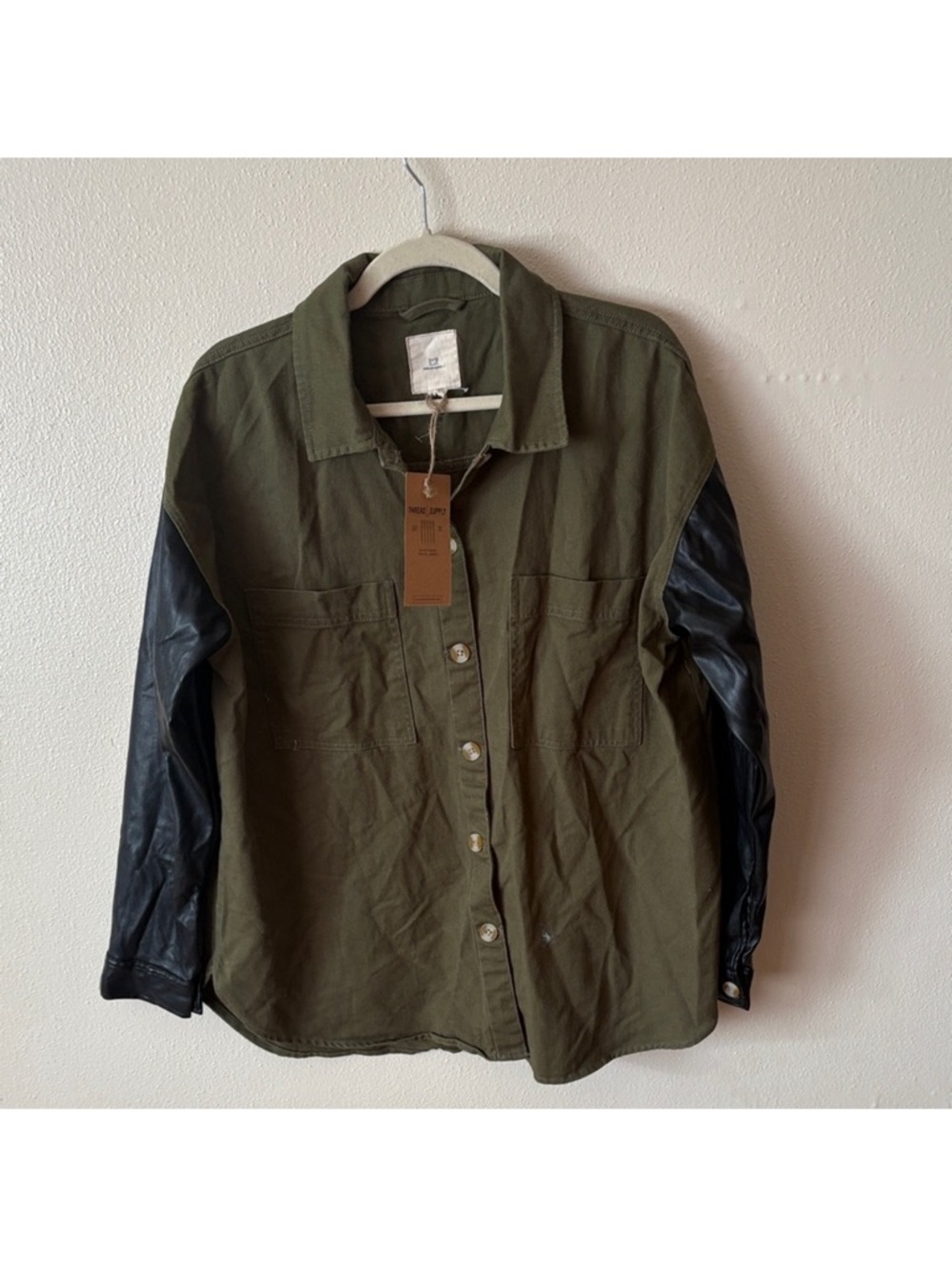 Thread & Supply Olive Green Shirt Jacket with Black Faux-Leather Sleeves